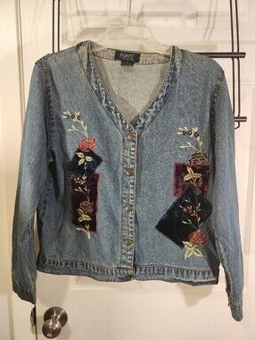 Agapo Embroidered Denim Jacket - Blue with Floral Velvet Accents